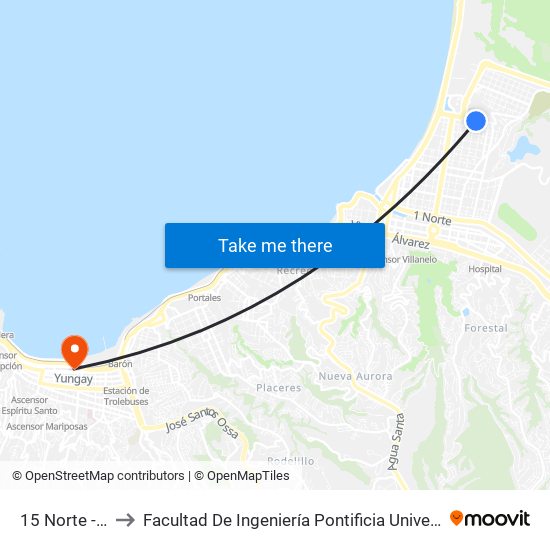 15 Norte - 3 Oriente to Facultad De Ingeniería Pontificia Universidad Católica De Valparaíso map