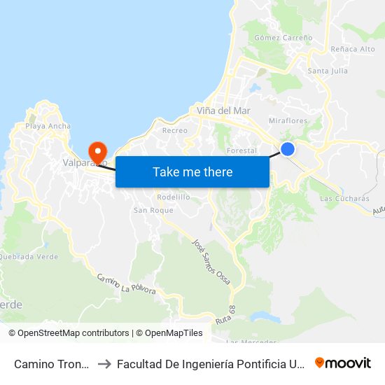 Camino Troncal - Uno Norte to Facultad De Ingeniería Pontificia Universidad Católica De Valparaíso map