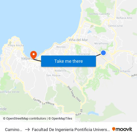Camino Troncal to Facultad De Ingeniería Pontificia Universidad Católica De Valparaíso map