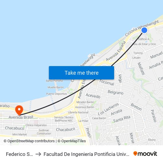 Federico Santa Maria to Facultad De Ingeniería Pontificia Universidad Católica De Valparaíso map