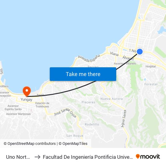 Uno Norte - Quillota to Facultad De Ingeniería Pontificia Universidad Católica De Valparaíso map