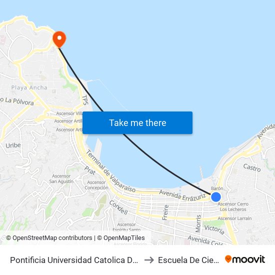 Pontificia Universidad Catolica De Valparaiso, Casa Central to Escuela De Ciencias Del Mar map