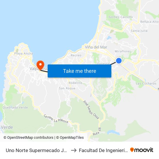 Uno Norte Supermecado Jumbo to Facultad De Ingeniería Uv map