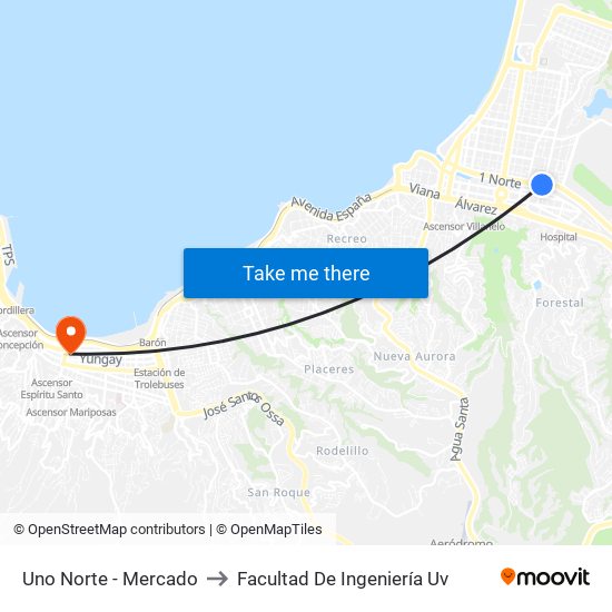 Uno Norte - Mercado to Facultad De Ingeniería Uv map