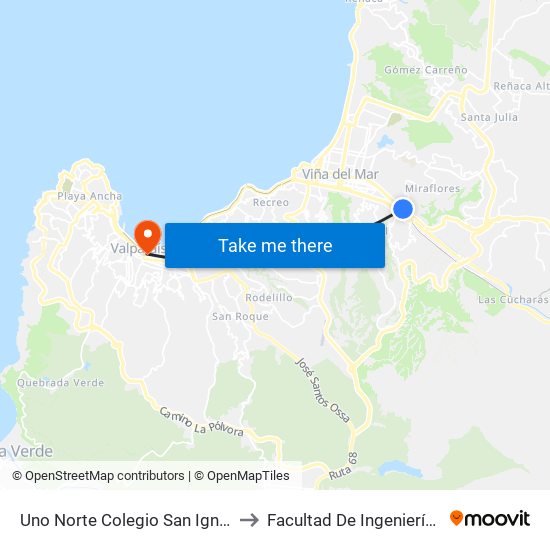 Uno Norte Colegio San Ignacio to Facultad De Ingeniería Uv map