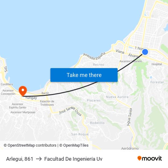 Arlegui, 861 to Facultad De Ingeniería Uv map