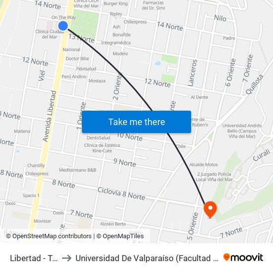 Libertad - Trece 1 / 2 Norte to Universidad De Valparaíso (Facultad De Ciencias Económicas Y Administrativas) map