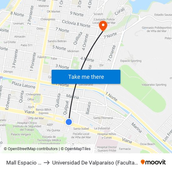 Mall Espacio Urbano Viña Centro to Universidad De Valparaíso (Facultad De Ciencias Económicas Y Administrativas) map