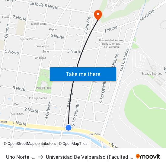 Uno Norte - Cinco 1 / 2 Ote to Universidad De Valparaíso (Facultad De Ciencias Económicas Y Administrativas) map