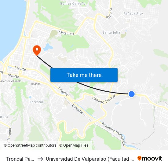 Troncal Pasarela 4 / Norte to Universidad De Valparaíso (Facultad De Ciencias Económicas Y Administrativas) map