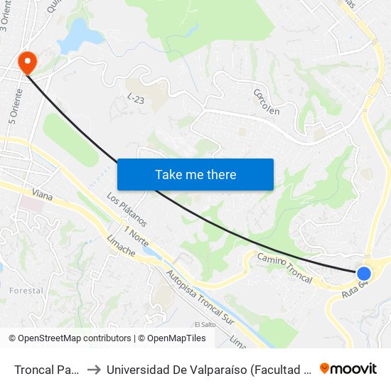 Troncal Pasarela 2 / Norte to Universidad De Valparaíso (Facultad De Ciencias Económicas Y Administrativas) map