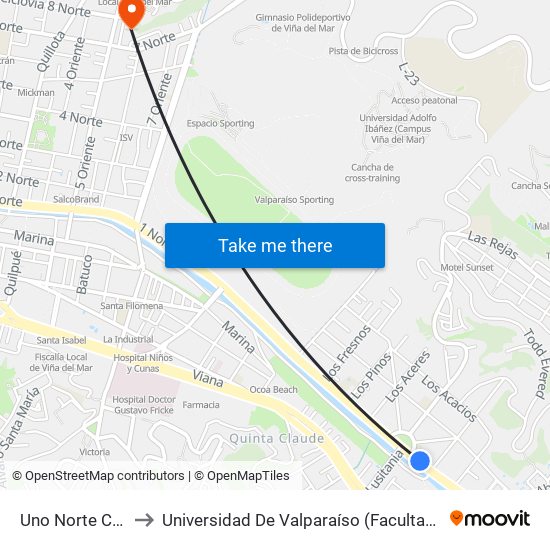 Uno Norte Colegio San Ignacio to Universidad De Valparaíso (Facultad De Ciencias Económicas Y Administrativas) map