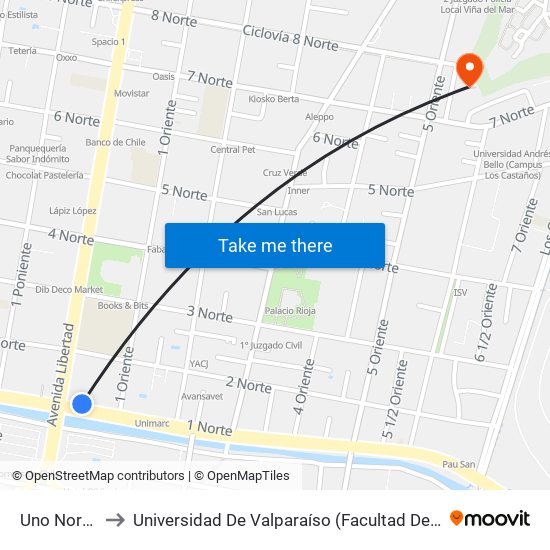 Uno Norte - Libertad to Universidad De Valparaíso (Facultad De Ciencias Económicas Y Administrativas) map