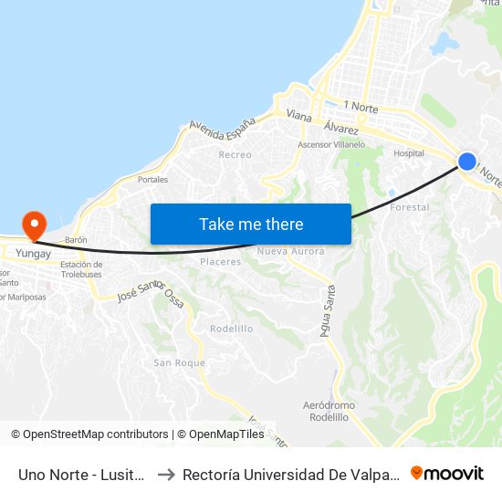 Uno Norte - Lusitania to Rectoría Universidad De Valparaíso map