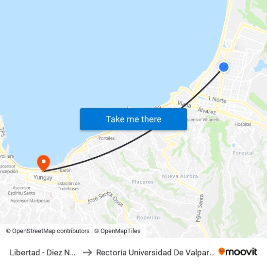 Libertad - Diez Norte to Rectoría Universidad De Valparaíso map