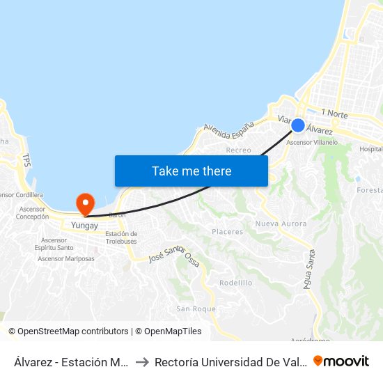 Álvarez - Estación Miramar to Rectoría Universidad De Valparaíso map