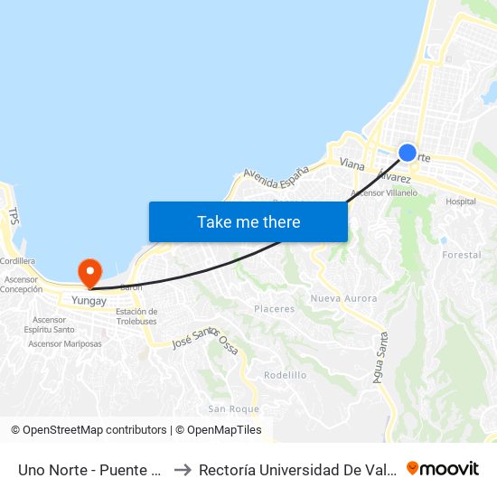 Uno Norte - Puente Quinta to Rectoría Universidad De Valparaíso map