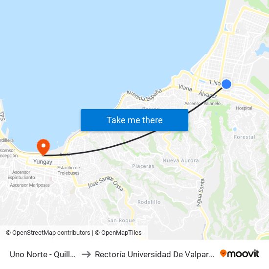 Uno Norte - Quillota to Rectoría Universidad De Valparaíso map