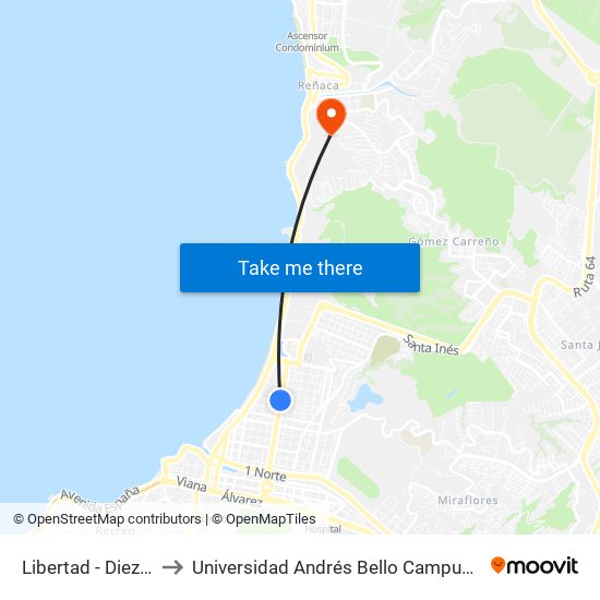 Libertad - Diez Norte to Universidad Andrés Bello Campus V6 Reñaca map