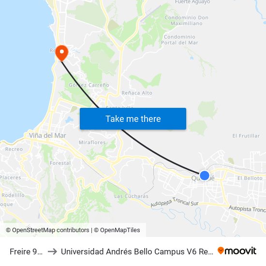 Freire 906 to Universidad Andrés Bello Campus V6 Reñaca map