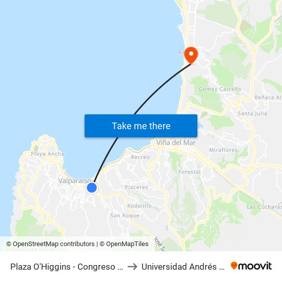 Plaza O'Higgins - Congreso Nacional - Teatro Municipal / Sur to Universidad Andrés Bello Campus V6 Reñaca map
