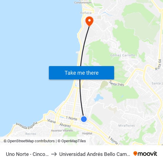 Uno Norte - Cinco 1 / 2 Ote to Universidad Andrés Bello Campus V6 Reñaca map