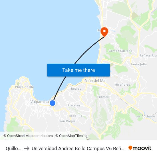 Quillota to Universidad Andrés Bello Campus V6 Reñaca map