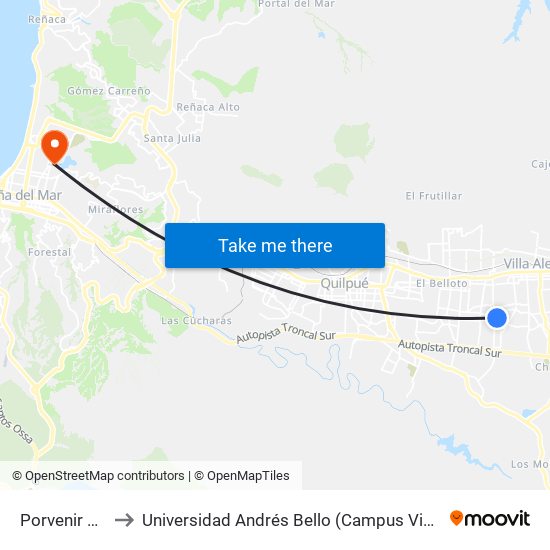 Porvenir 1921 to Universidad Andrés Bello (Campus Viña Del Mar) map