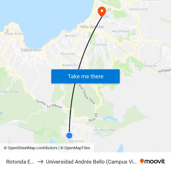 Rotonda Ekono to Universidad Andrés Bello (Campus Viña Del Mar) map