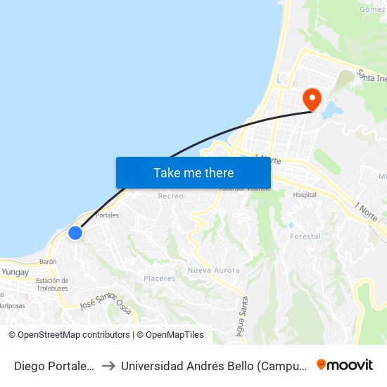 Diego Portales, 1310 to Universidad Andrés Bello (Campus Viña Del Mar) map