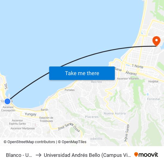 Blanco - Urriola to Universidad Andrés Bello (Campus Viña Del Mar) map