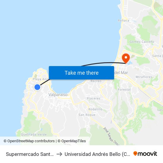 Supermercado Santa Isabel / Norte to Universidad Andrés Bello (Campus Viña Del Mar) map