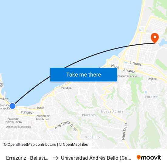 Errazuriz - Bellavista / Oriente to Universidad Andrés Bello (Campus Viña Del Mar) map