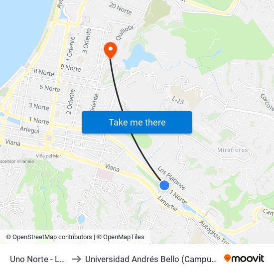 Uno Norte - Lusitania to Universidad Andrés Bello (Campus Viña Del Mar) map