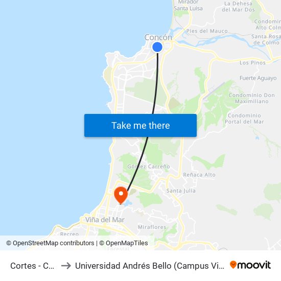 Cortes - Calle 7 to Universidad Andrés Bello (Campus Viña Del Mar) map