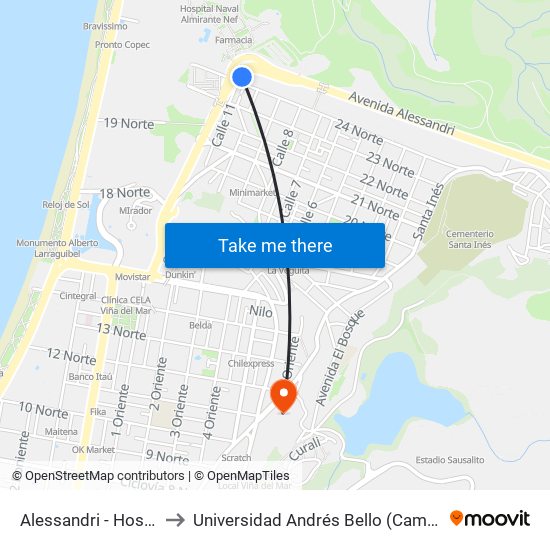 Alessandri - Hospital Naval to Universidad Andrés Bello (Campus Viña Del Mar) map