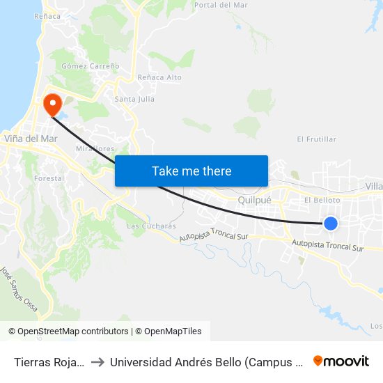 Tierras Rojas 396 to Universidad Andrés Bello (Campus Viña Del Mar) map