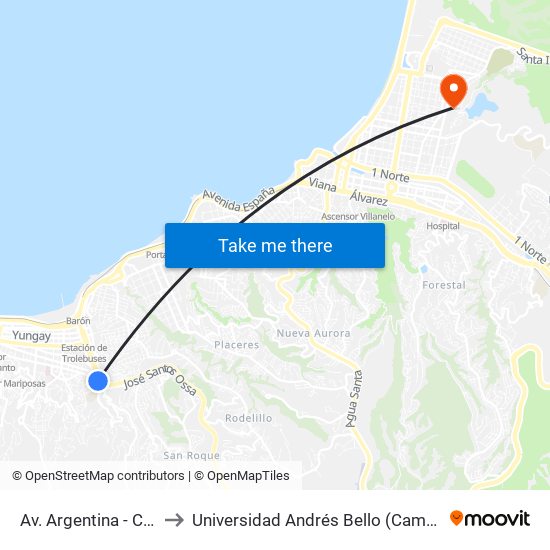 Av. Argentina - Casablanca to Universidad Andrés Bello (Campus Viña Del Mar) map