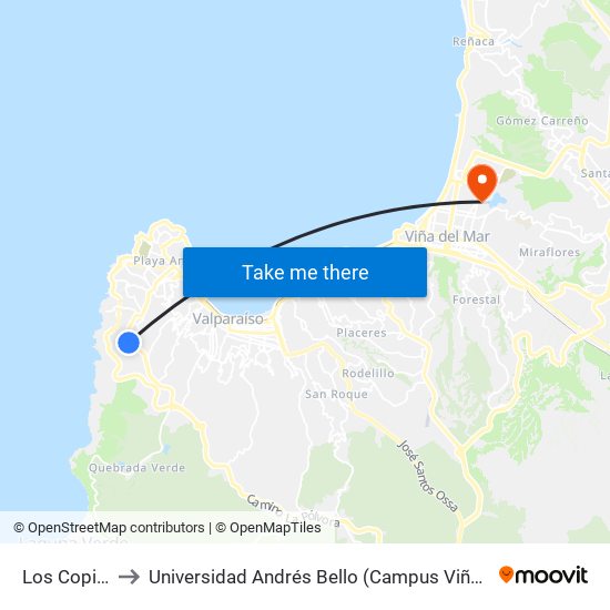 Los Copihue to Universidad Andrés Bello (Campus Viña Del Mar) map