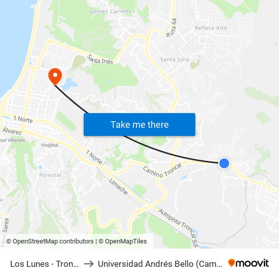 Los Lunes - Troncal / Norte to Universidad Andrés Bello (Campus Viña Del Mar) map