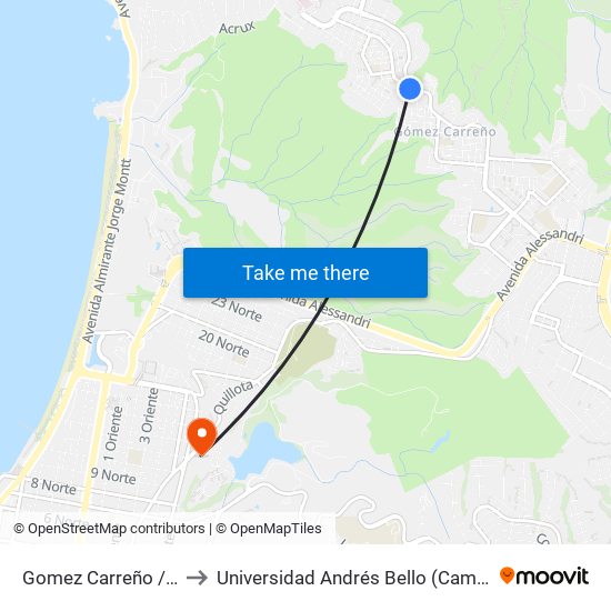 Gomez Carreño / Bencinera to Universidad Andrés Bello (Campus Viña Del Mar) map