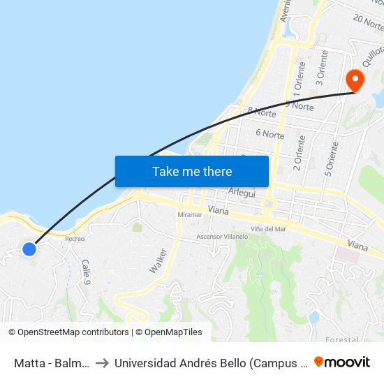 Matta - Balmaceda to Universidad Andrés Bello (Campus Viña Del Mar) map
