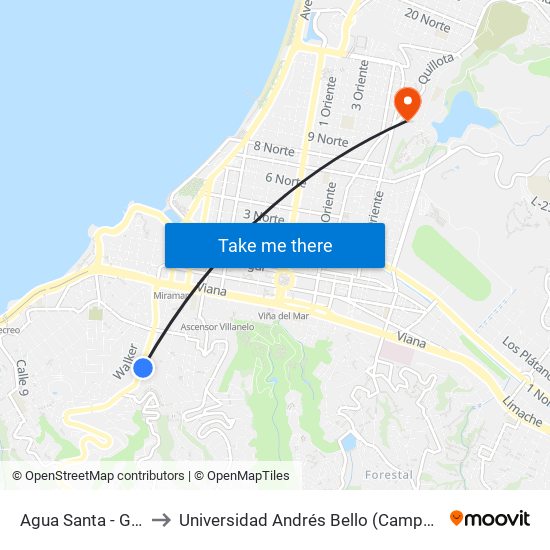 Agua Santa - Guayacan to Universidad Andrés Bello (Campus Viña Del Mar) map