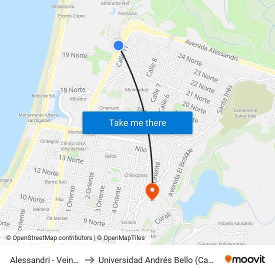 Alessandri - Veintitres Norte to Universidad Andrés Bello (Campus Viña Del Mar) map