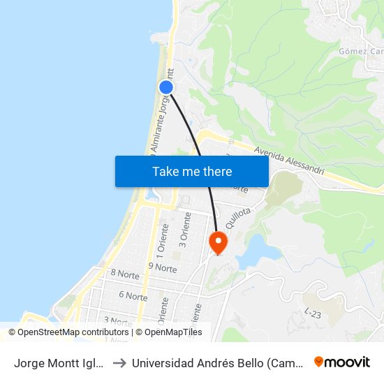 Jorge Montt Iglesia Naval to Universidad Andrés Bello (Campus Viña Del Mar) map