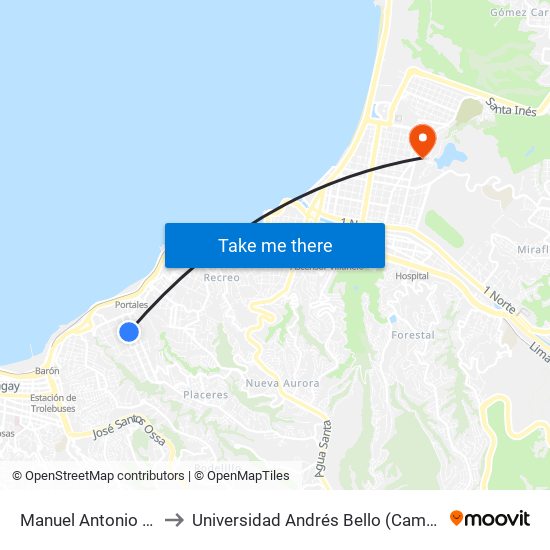Manuel Antonio 402 Matta to Universidad Andrés Bello (Campus Viña Del Mar) map
