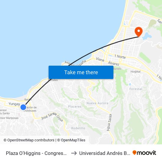 Plaza O'Higgins - Congreso Nacional - Teatro Municipal / Sur to Universidad Andrés Bello (Campus Viña Del Mar) map