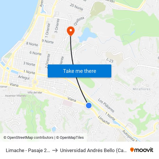 Limache - Pasaje 2047 Limache to Universidad Andrés Bello (Campus Viña Del Mar) map