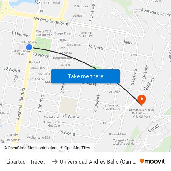Libertad - Trece 1 / 2 Norte to Universidad Andrés Bello (Campus Viña Del Mar) map