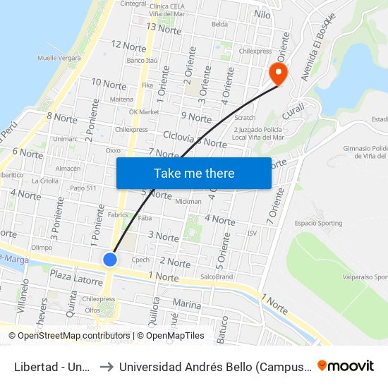 Libertad - Uno Norte to Universidad Andrés Bello (Campus Viña Del Mar) map